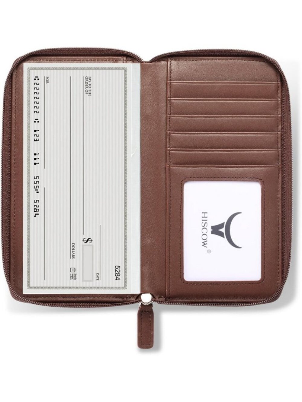 Stylish Brown Leather Checkbook Cover Wallet with Zipper, Card Slots & Organizer